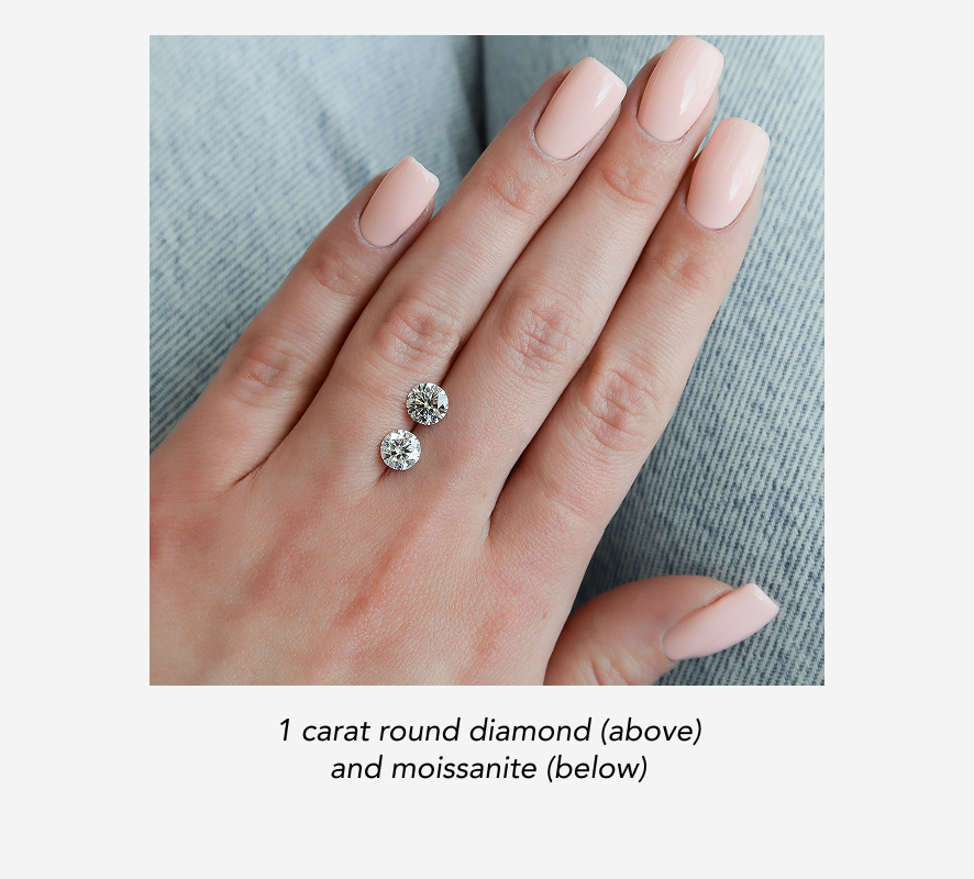 1 carat round diamond (above) and moissanite (below)