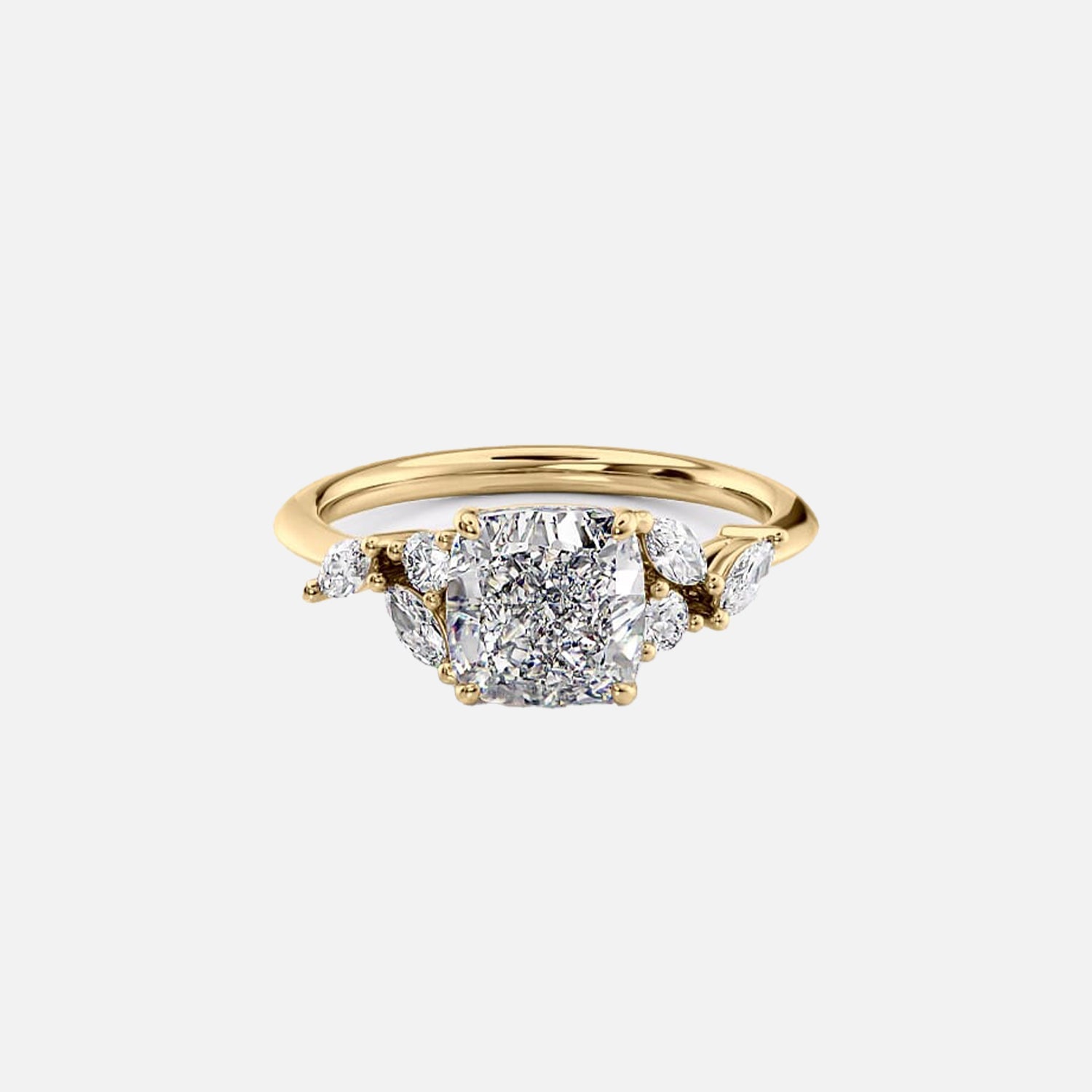 The Side Stone Daisy Cushion Moissanite Ring - KNT - Engagement Rings, Wedding Bands & Fine Jewelry