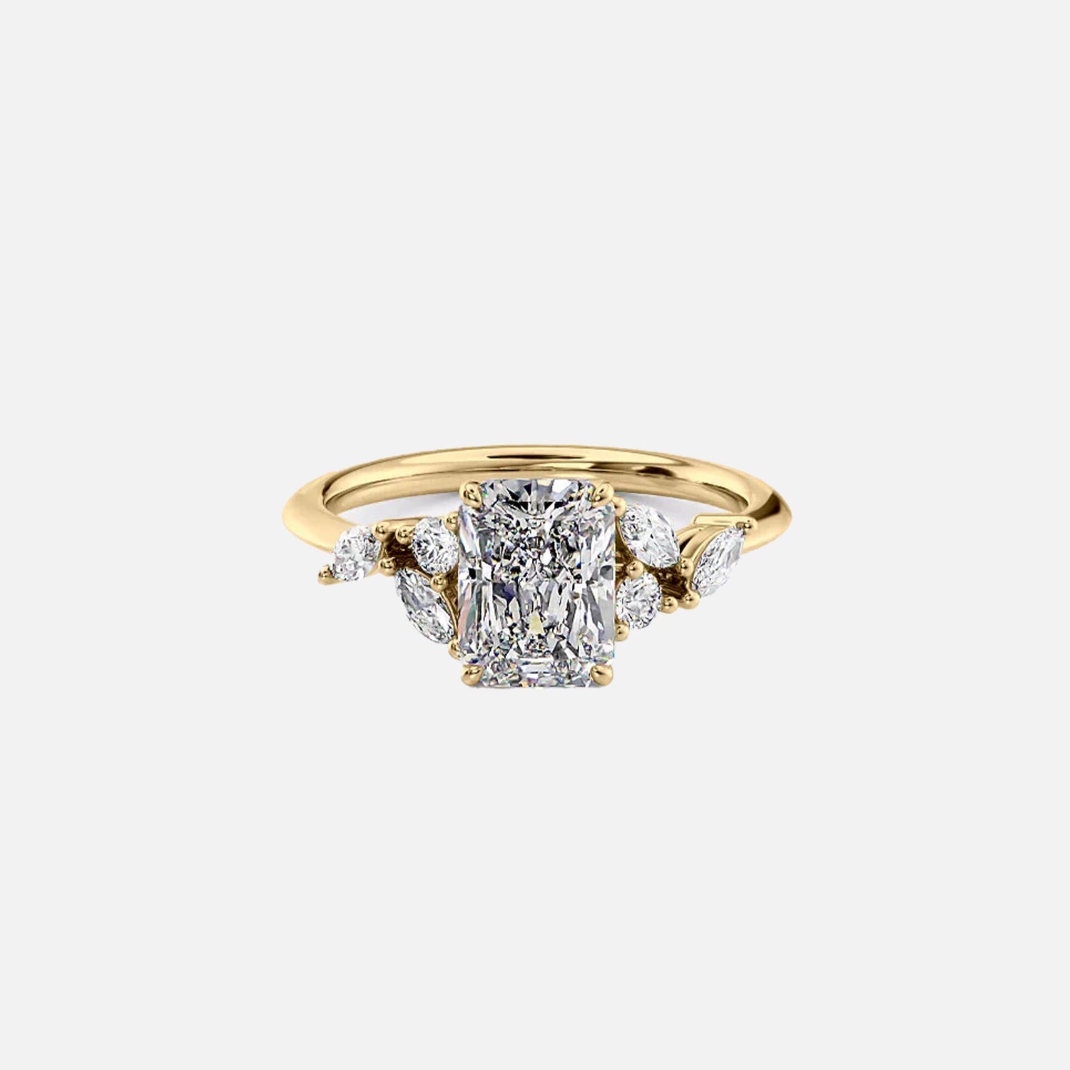 The Side Stone Daisy Radiant Moissanite Ring - KNT - Engagement Rings, Wedding Bands & Fine Jewelry