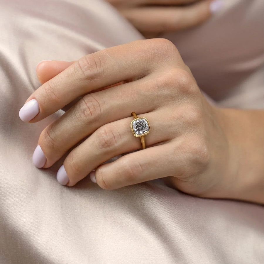 The Bezel Helena Cushion Solitaire Moissanite Ring - KNT - Engagement Rings, Wedding Bands & Fine Jewelry