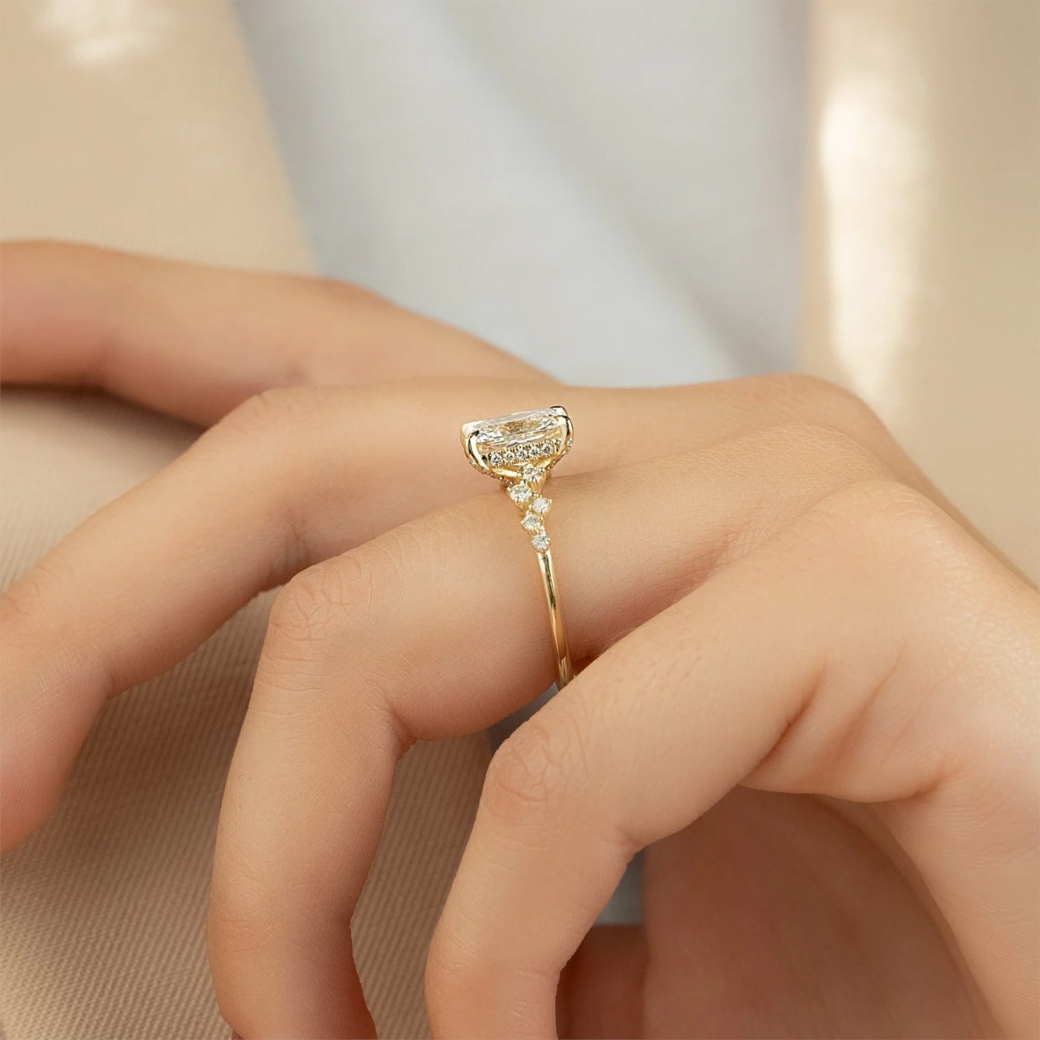 The Hidden Halo Stellar Radiant Side Stone Moissanite Ring - KNT - Engagement Rings, Wedding Bands & Fine Jewelry