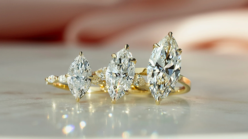 The marquise Lucia marquise moissanite ring the Lauren marquise moissanite ring and the solitaire Eleanor marquise moissanite ring