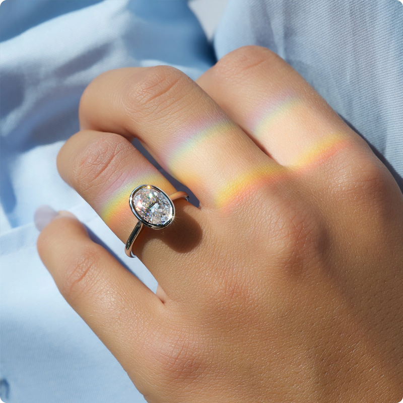The 2-carat bezel Helena oval solitaire moissanite ring