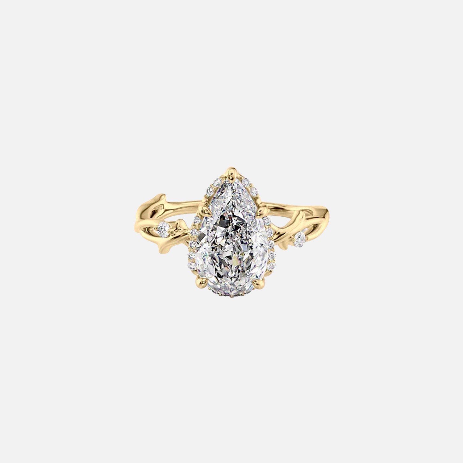 The Halo Twig Pear Moissanite Ring 14k Yellow Gold 001