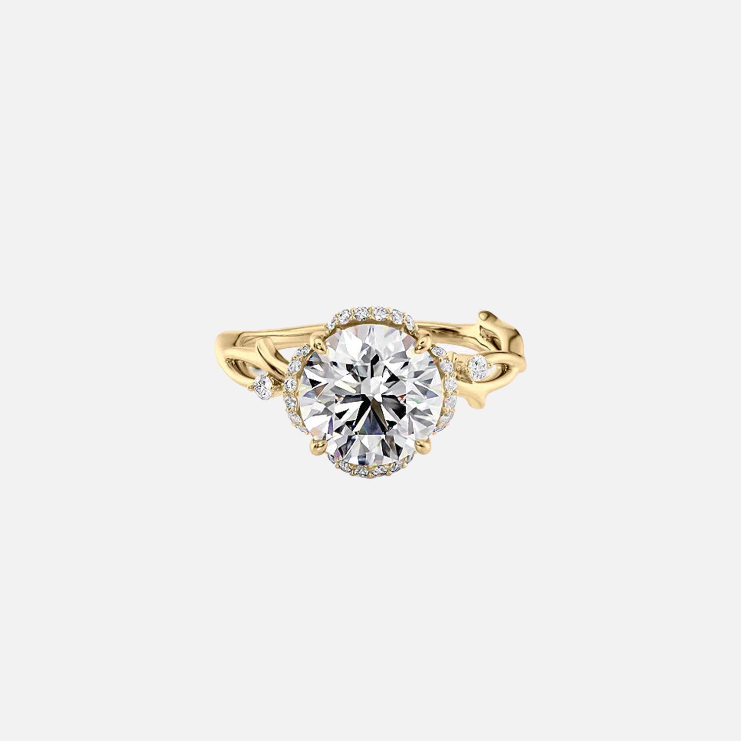 The Halo Twig Round Moissanite Ring 14k Yellow Gold 001