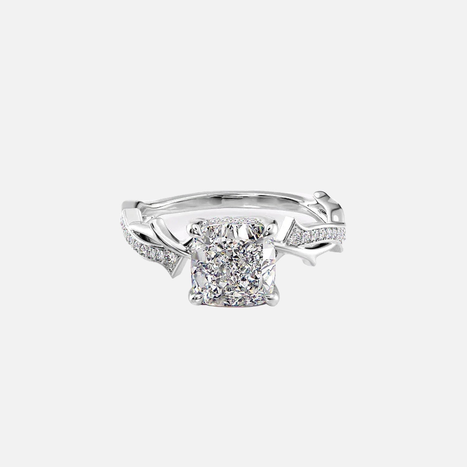  The Pave Twig Cushion Moissanite Ring 14k White Gold 001