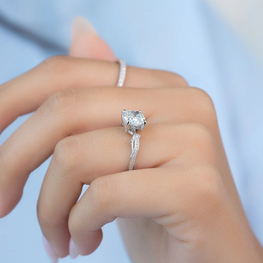  The Pave Twig Cushion Moissanite Ring 14k White Gold 004