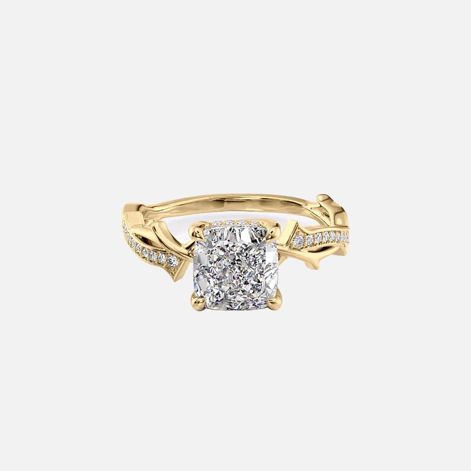 The Pave Twig Cushion Moissanite Ring 14k Yellow Gold 001