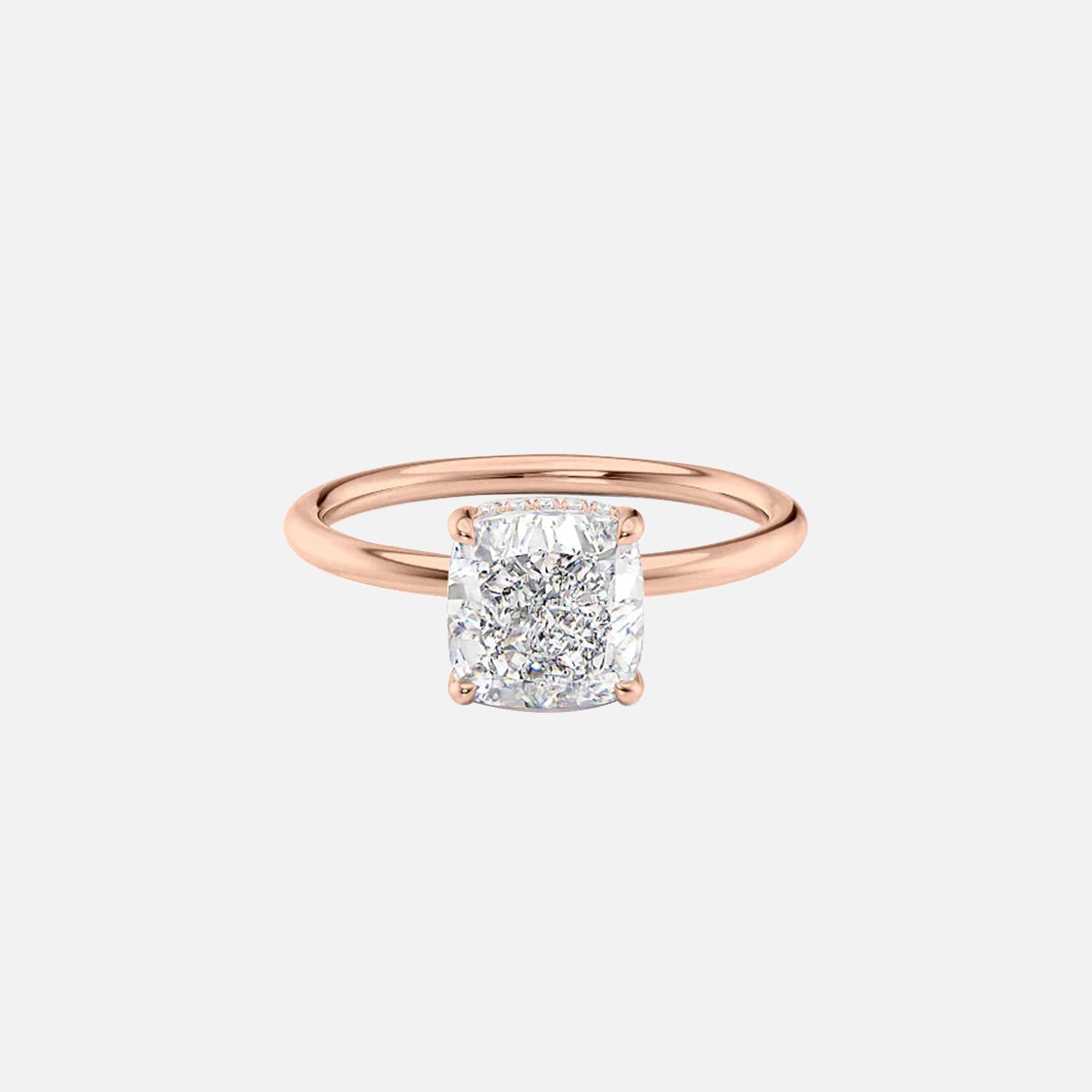  The Solitaire Low Profile Kamellie Cushion Moissanite Ring 14k Rose Gold 001