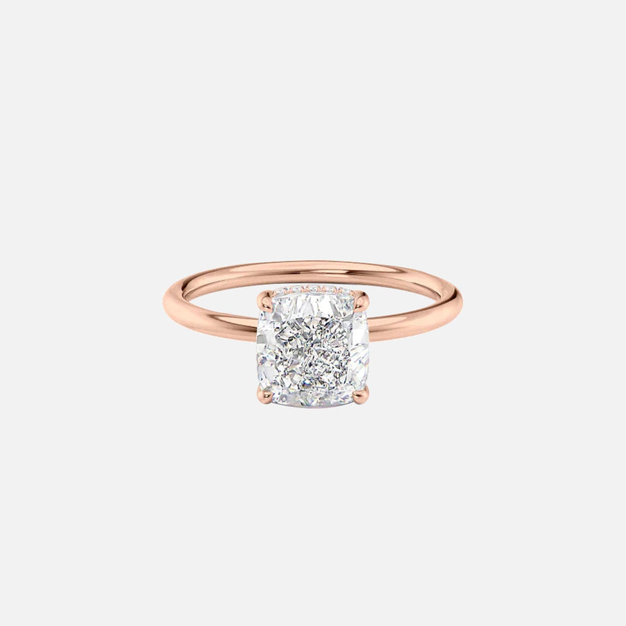  The Solitaire Low Profile Kamellie Cushion Moissanite Ring 14k Rose Gold 001