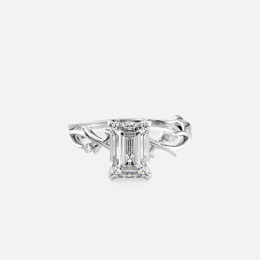  The Textured Twig Emerald Lab Diamond Ring 18k White Gold 001