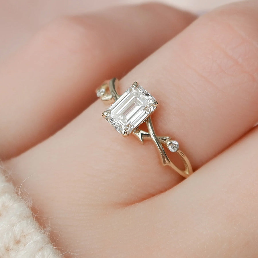  The Textured Twig Textured Emerald Moissanite Ring 14k Yellow Gold 004 Final