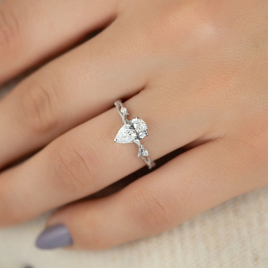  The Textured Twig Textured Pear Moissanite Ring 14k White Gold 003