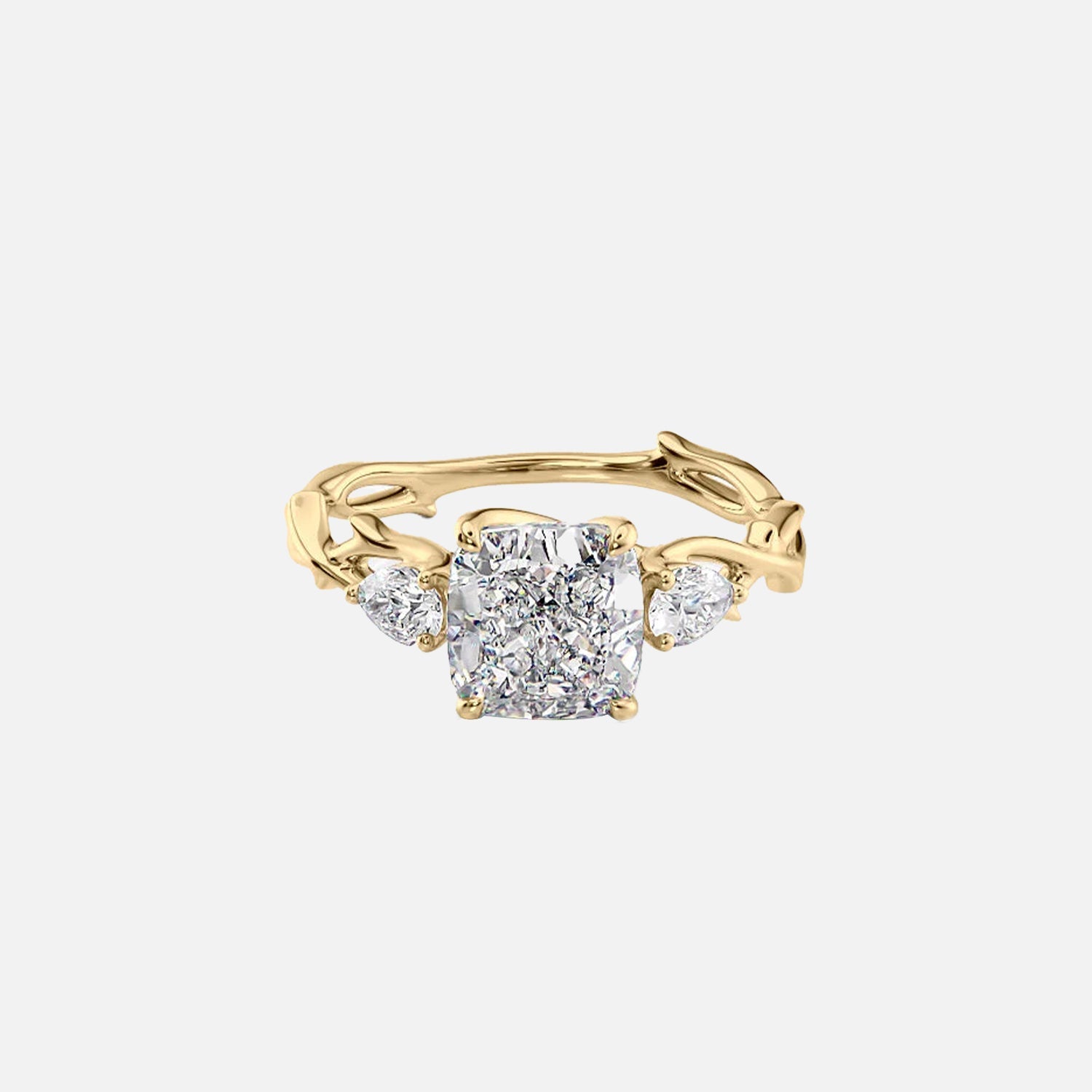 The Three Stone Twig Cushion Lab Diamond Ring 14k Yellow Gold 001
