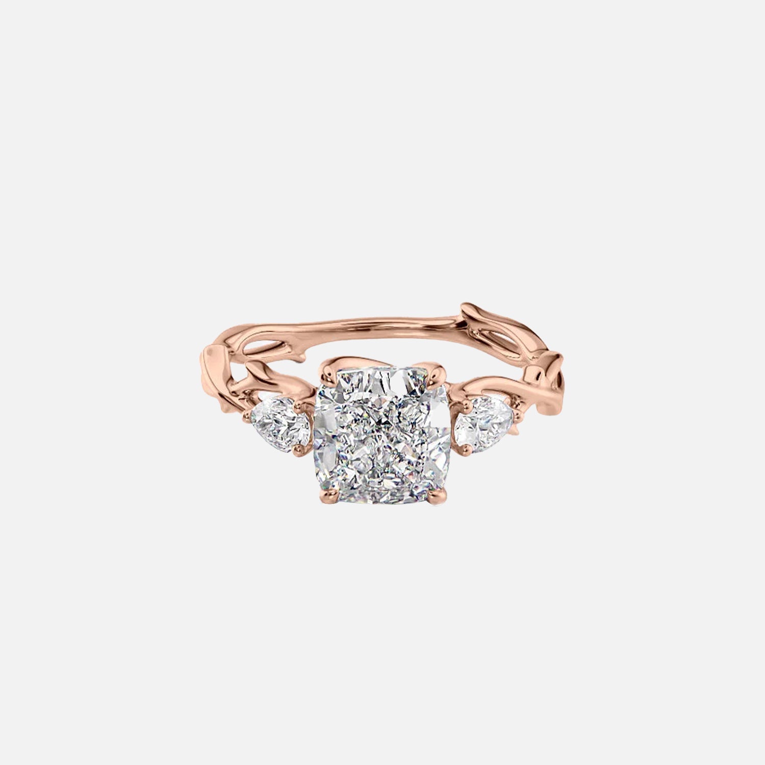  The Three Stone Twig Cushion Moissanite Ring 14k Rose Gold 001