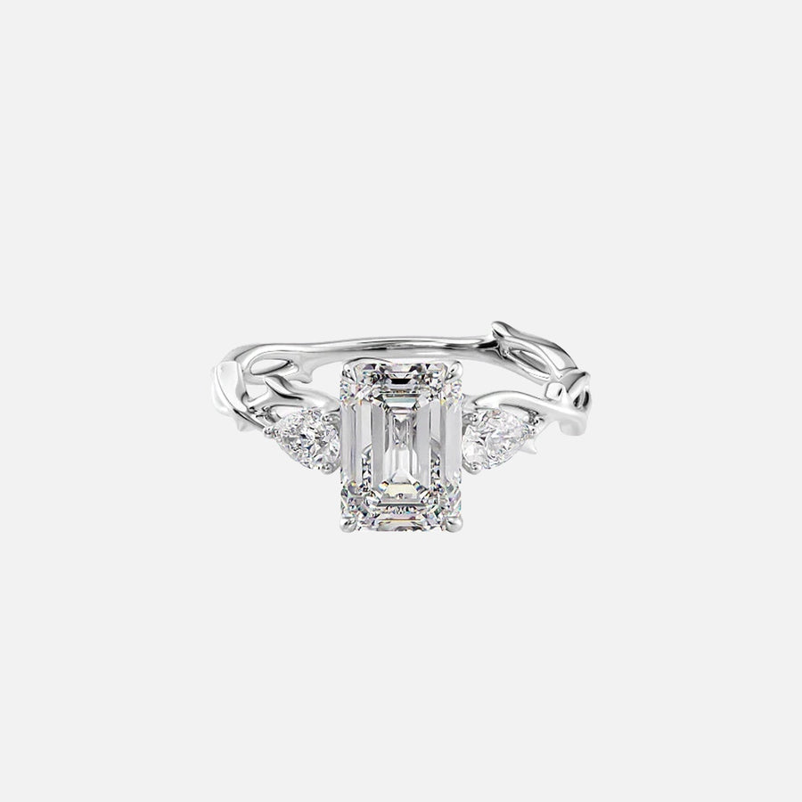  The Three Stone Twig Emerald Lab Diamond Ring 18k White Gold 001