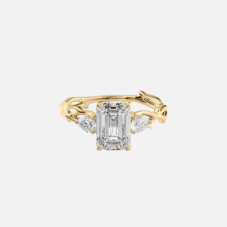  The Three Stone Twig Emerald Lab Diamond Ring 18k Yellow Gold 001