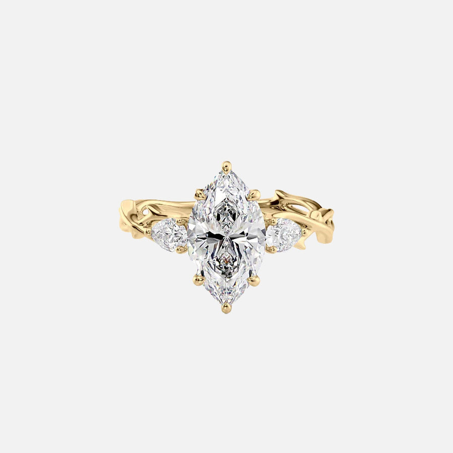 The Three Stone Twig Marquise Lab Diamond Ring 14k Yellow Gold 001