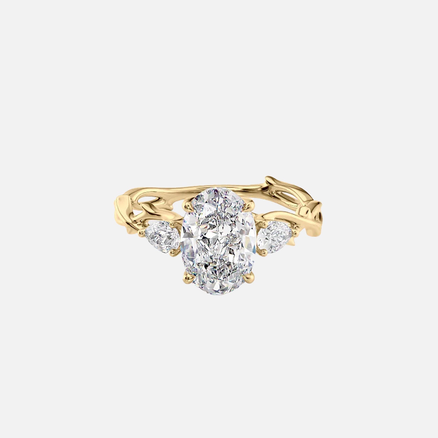 The Three Stone Twig Oval Moissanite Ring 14k Yellow Gold 001