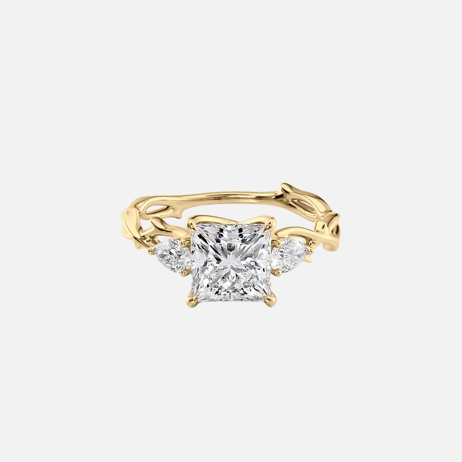 The Three Stone Twig Princess Lab Diamond Ring 14k Yellow Gold 001
