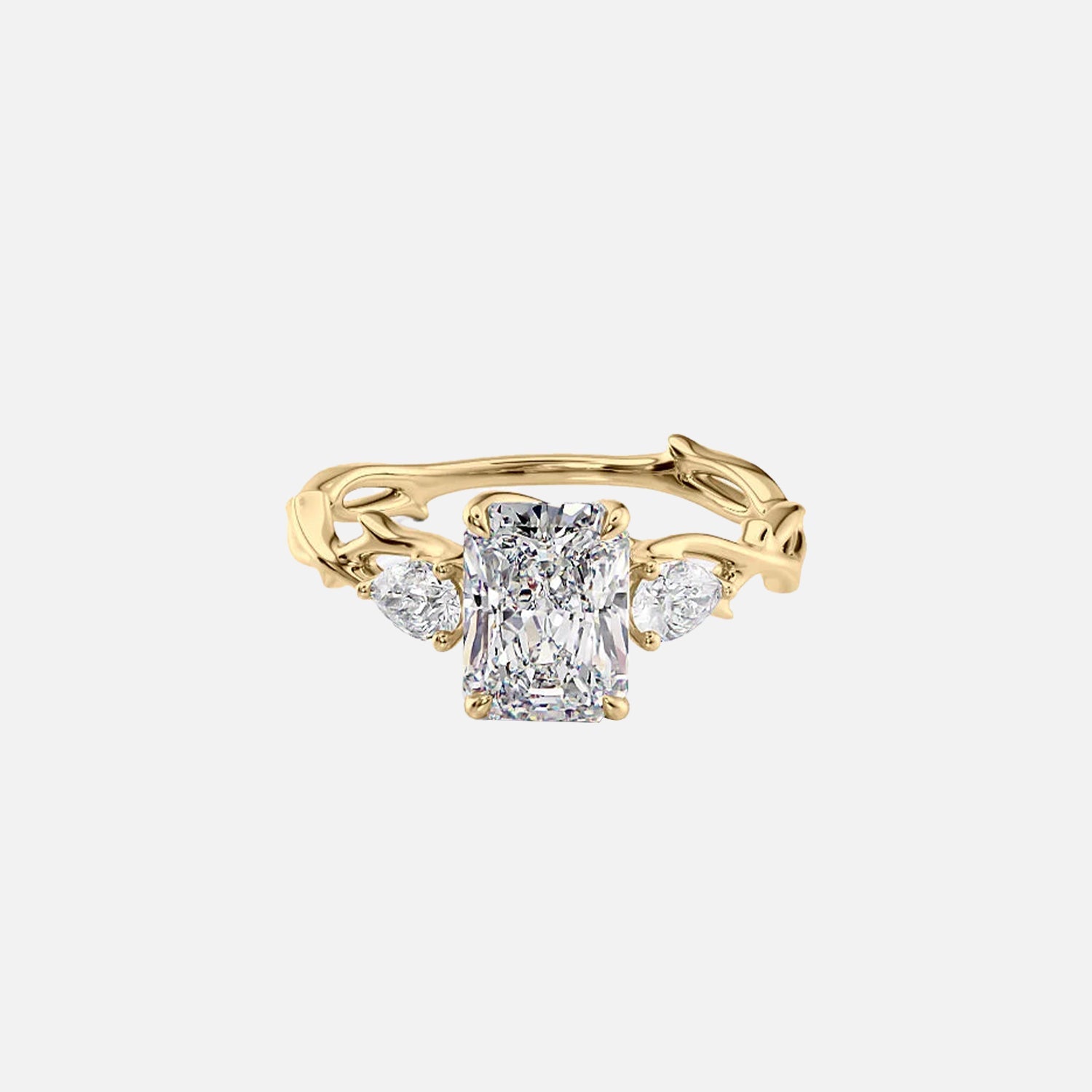 The Three Stone Twig Radiant Lab Diamond Ring 14k Yellow Gold 001